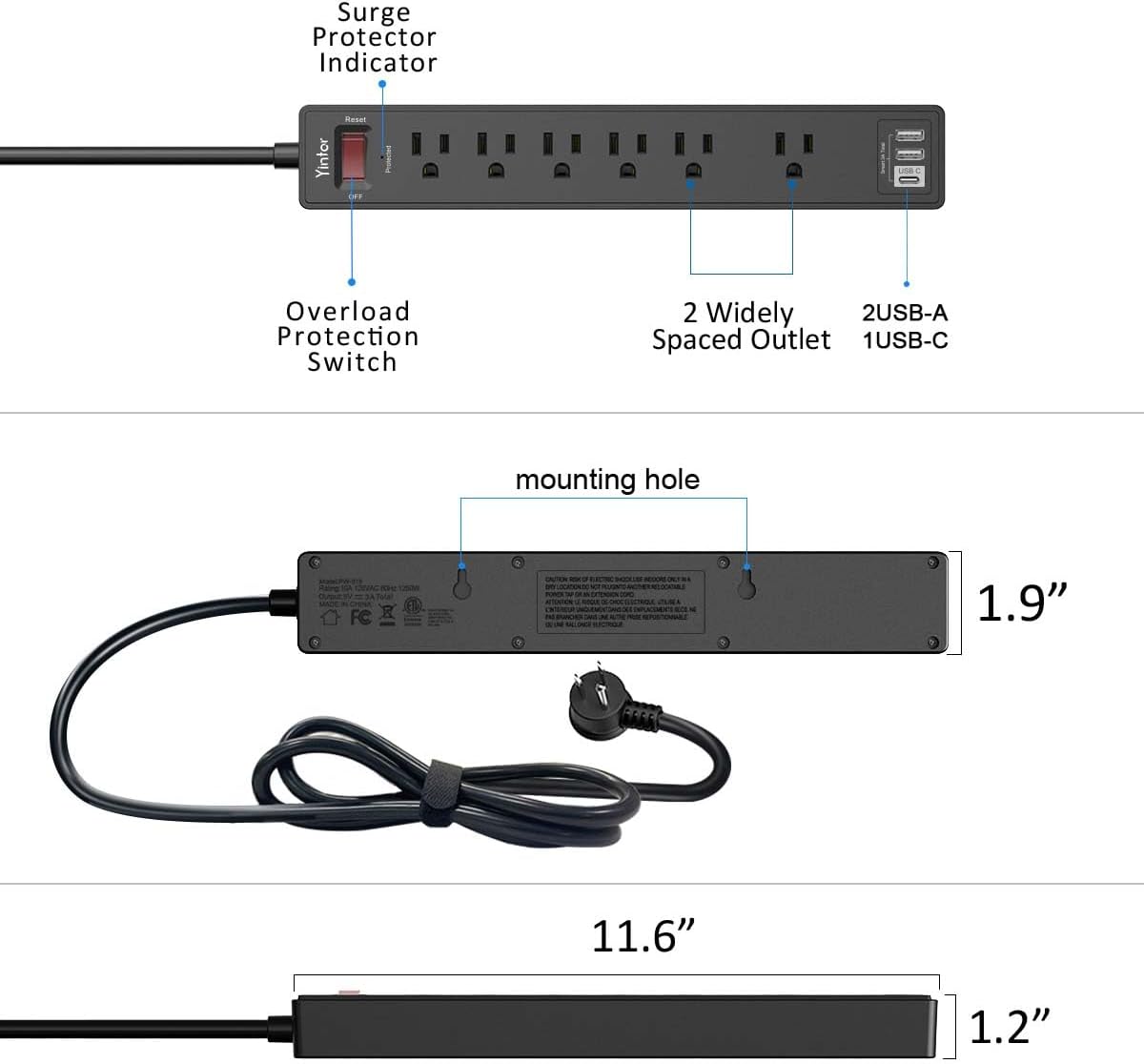 Yintar 6Ft 6 3 1680 Power Strip Surge Protector - Extension Cord with AC Outlets and USB Ports for for Home, Office