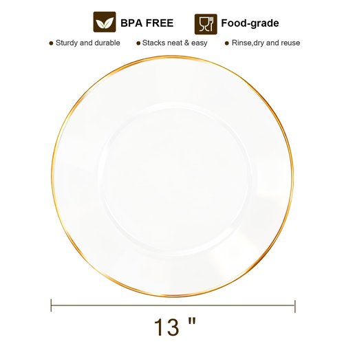 HOME BREEZE 13 Inch Charger Plates, 16 Pack, Clear Charger Plates with Gold Rim, Heavy Duty Disposable Plastic Chargers for Dinner, Elegant Dining, Wedding, Party, Formal Event Decoration (16, Gold)