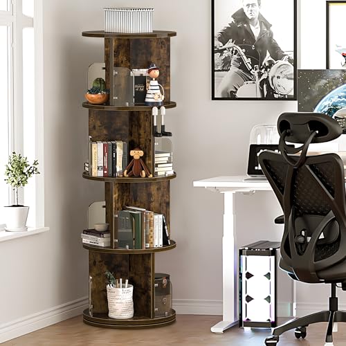 VECELO Rotating Bookshelf Tower, 360°Revolving Bookcase, Round Book Shelf Rotating, Stackable Storage Display Rack Floor Standing, Corner Bookshelf for Home Office, Deep Brown