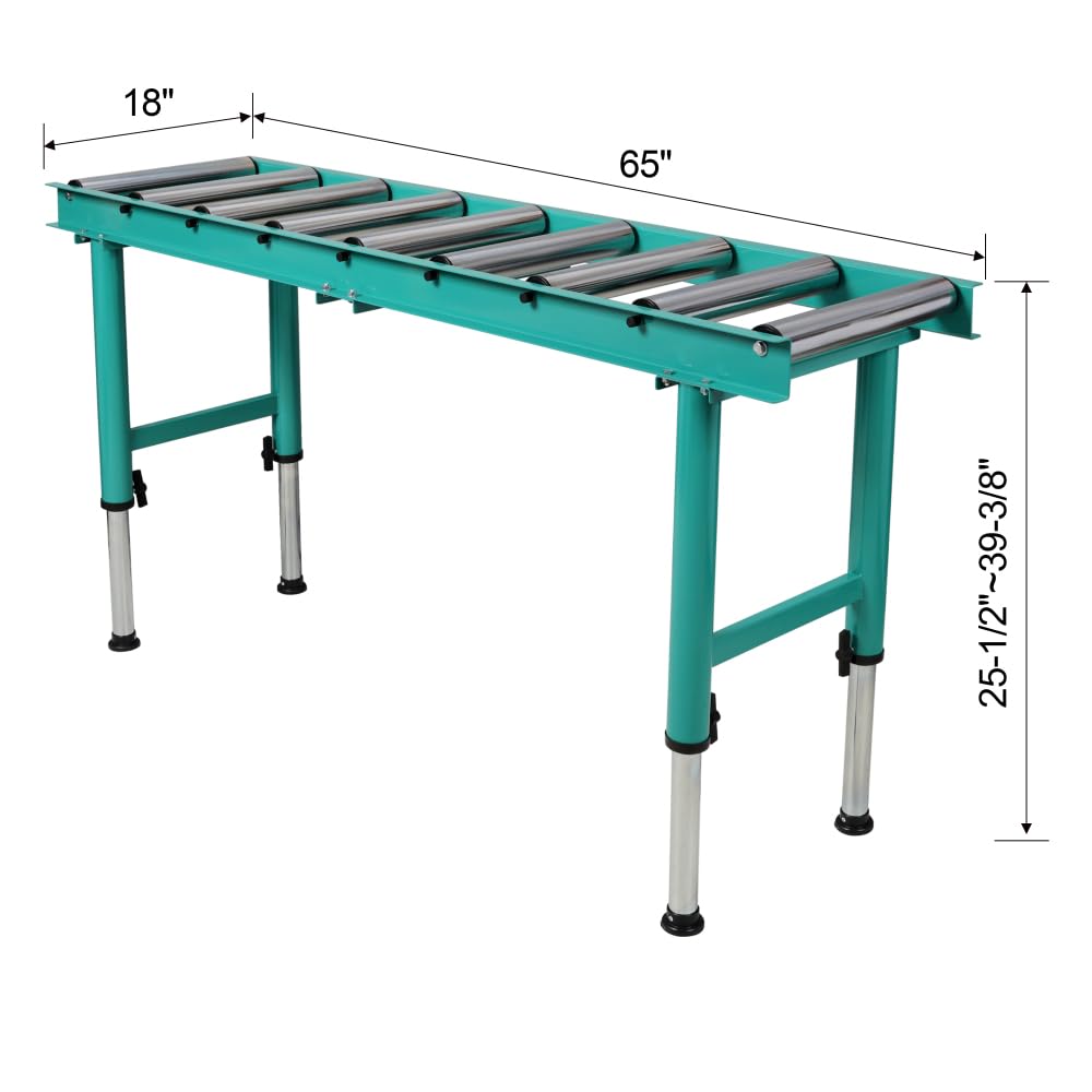 Heavy Duty Roller Conveyor Stand, 9 Roll Adjustable Height, Green Steel, 65x18 Inch, 440 lbs Capacity