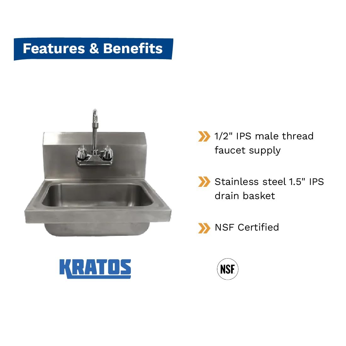 Kratos Commercial Hand Sink with Gooseneck Faucet | 14"W x 10"D x 5"H Stainless Steel Bowl | Wall Mounted Stainless Steel Handwashing Sink for Foodservice and Commercial Use | NSF Certified (28W-088)