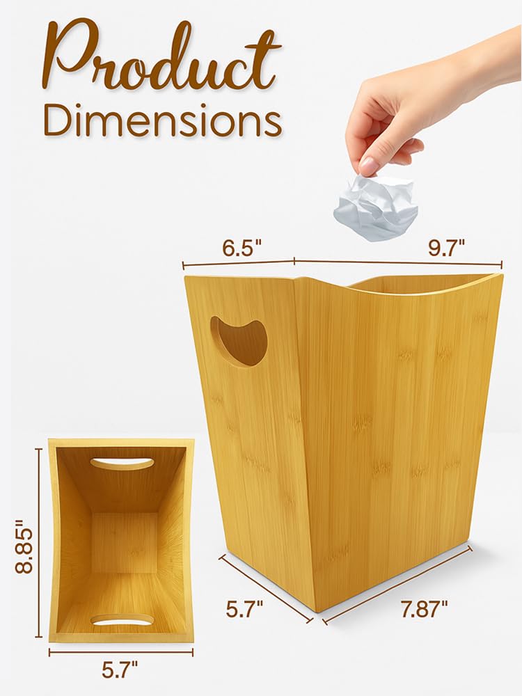 Sholramo Wood Trash Can - Bedroom Trash Can Decorative with Handles - Bamboo Small Wastebaskets for Bathroom - 2 Gallon Rectangular Waste Basket for Office, Living Room, Kitchen Under Counter