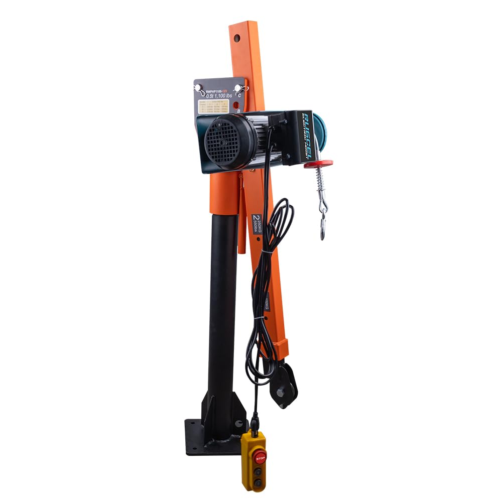 GRIPWAY new Folding Dismountable Household Jib Crane Truck - 1100lb Capacity 110V Electric Hoist, 880lb Pulling Force for Factories, Warehouses, Construction & Building,Orange