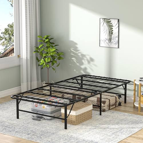 VECELO No Tools Required Metal Folding Bed Frame - 14 Inch Heavy Duty Platform Base, 660lbs Max Support, Twin Size Jet Black, Ideal for Small Apartments & Guest Rooms
