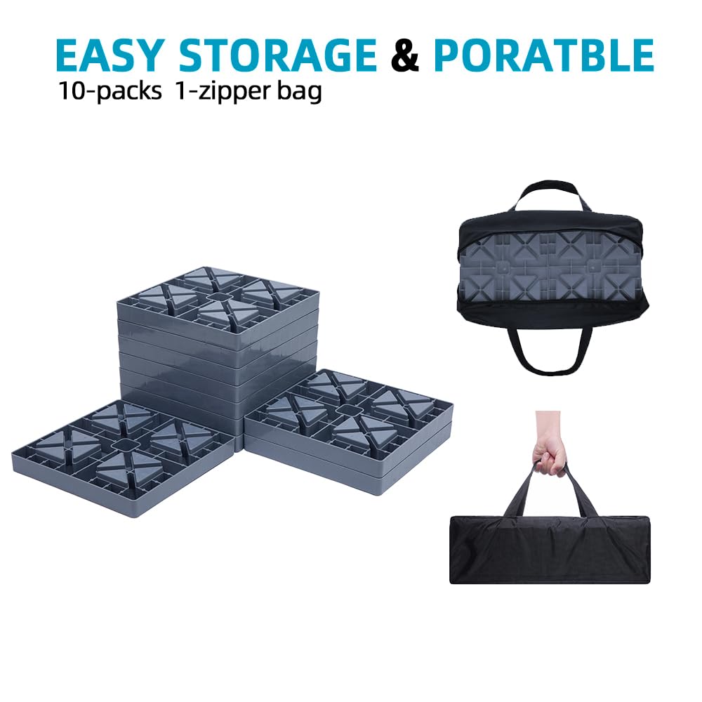 GarfatolRv Heavy Duty RV Leveling Blocks 10 Pack, Interlocking Camper Levelers with Non-Slip Surface, Stackable Jack Pads for RV, Trailer & Camper, Includes Carry Storage Bag, Gray