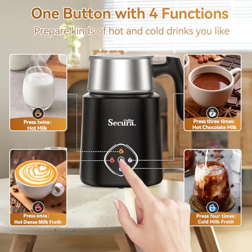 Secura 4-in-1 Electric Milk Frother and Steamer, 13.5oz with Detachable Dishwasher-Safe Stainless Steel Jug – Hot and Cold Foam Maker, Milk Warmer for Coffee, Lattes, Hot Chocolate - Induction Heating