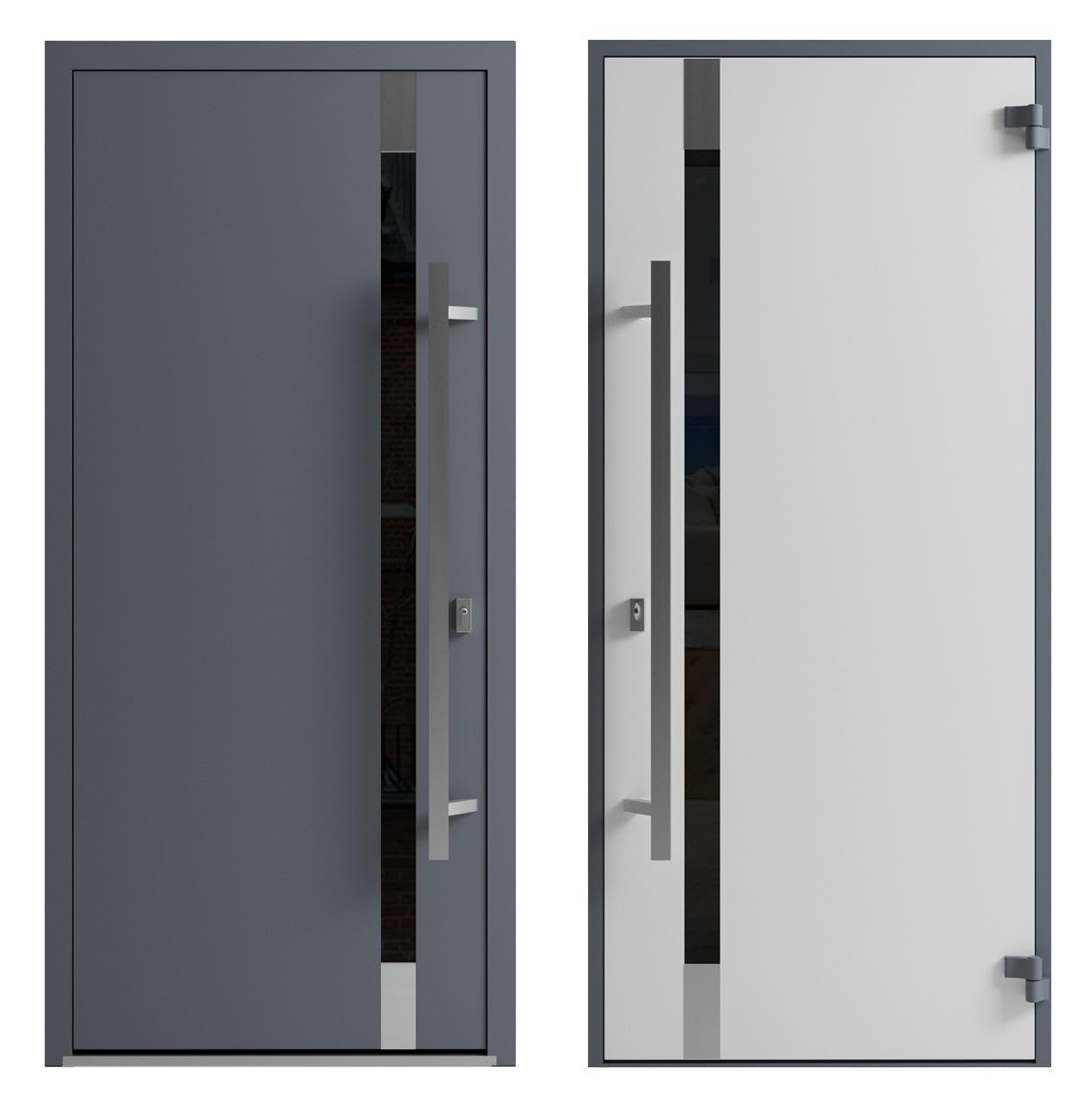 VDOMDOORS Front Exterior Prehung Steel Door/Ronex 1011 Grey/Top Exterior Window Sidelite/Stainless Inserts Entry Metal Modern Painted W36 x H80+16" Left Hand Inswing