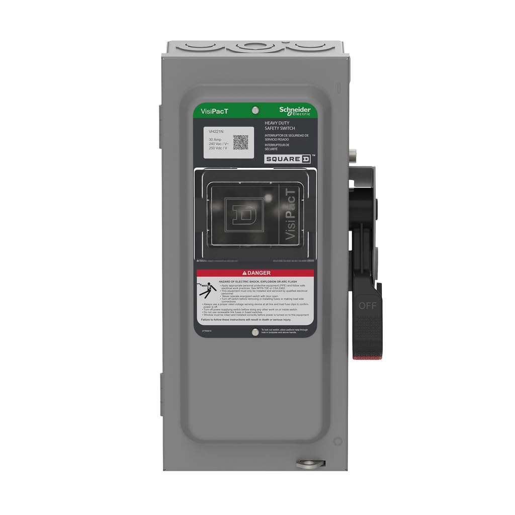 Square D by Schneider Electric VH221N VisiPact Heavy Duty Safety Switch with Viewing Window and Red (On) and Black (Off) Indicators, Fusible 2 Pole, 30A, 240VAC/250VDC, Type 1