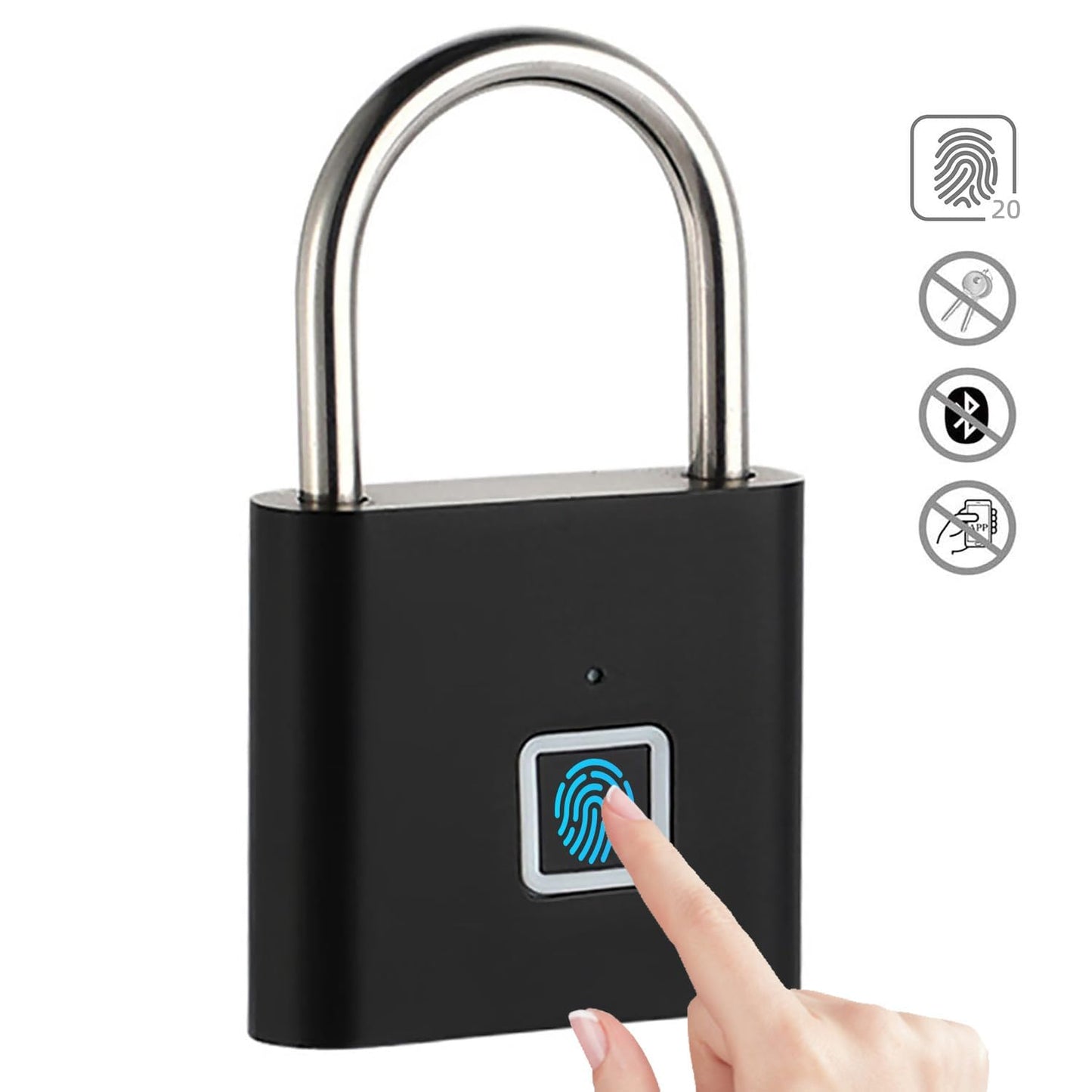 Fingerprint Padlock, Locker Lock with Keyless, Portable Biometric Padlock Combination Locks for Gym Gate Storage, Smart Lock for Locker USB Rechargeable (20 Fingerprint Black A)