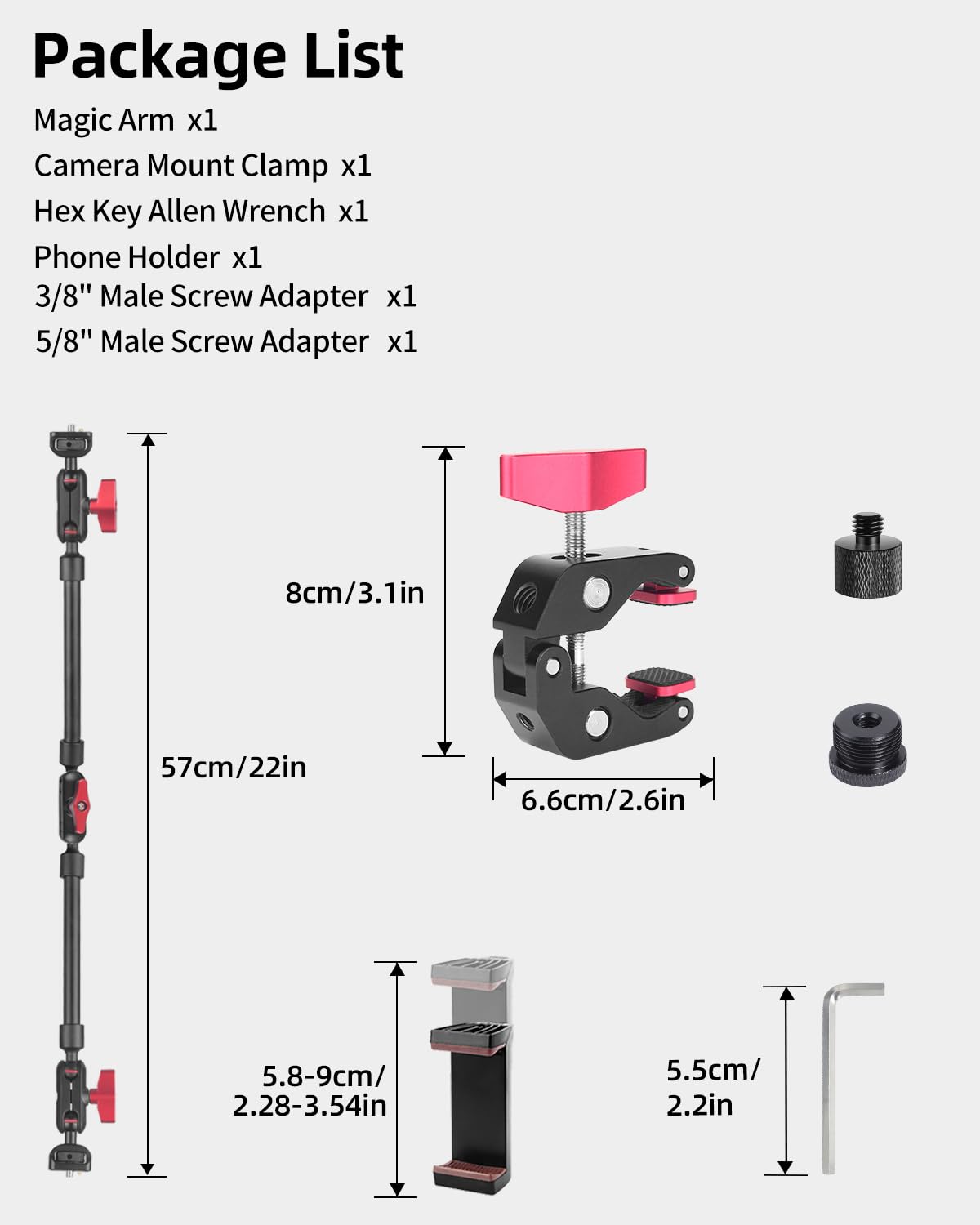 JEBUTU 22" Magic Arm w Clamp Mount, Overhead Desk Phone Mount Stand, Adjustable Articulating Friction Camera Boom Arm w 1/4" Thread for Phone Video Light Webcam Action Camera Tripod Mic