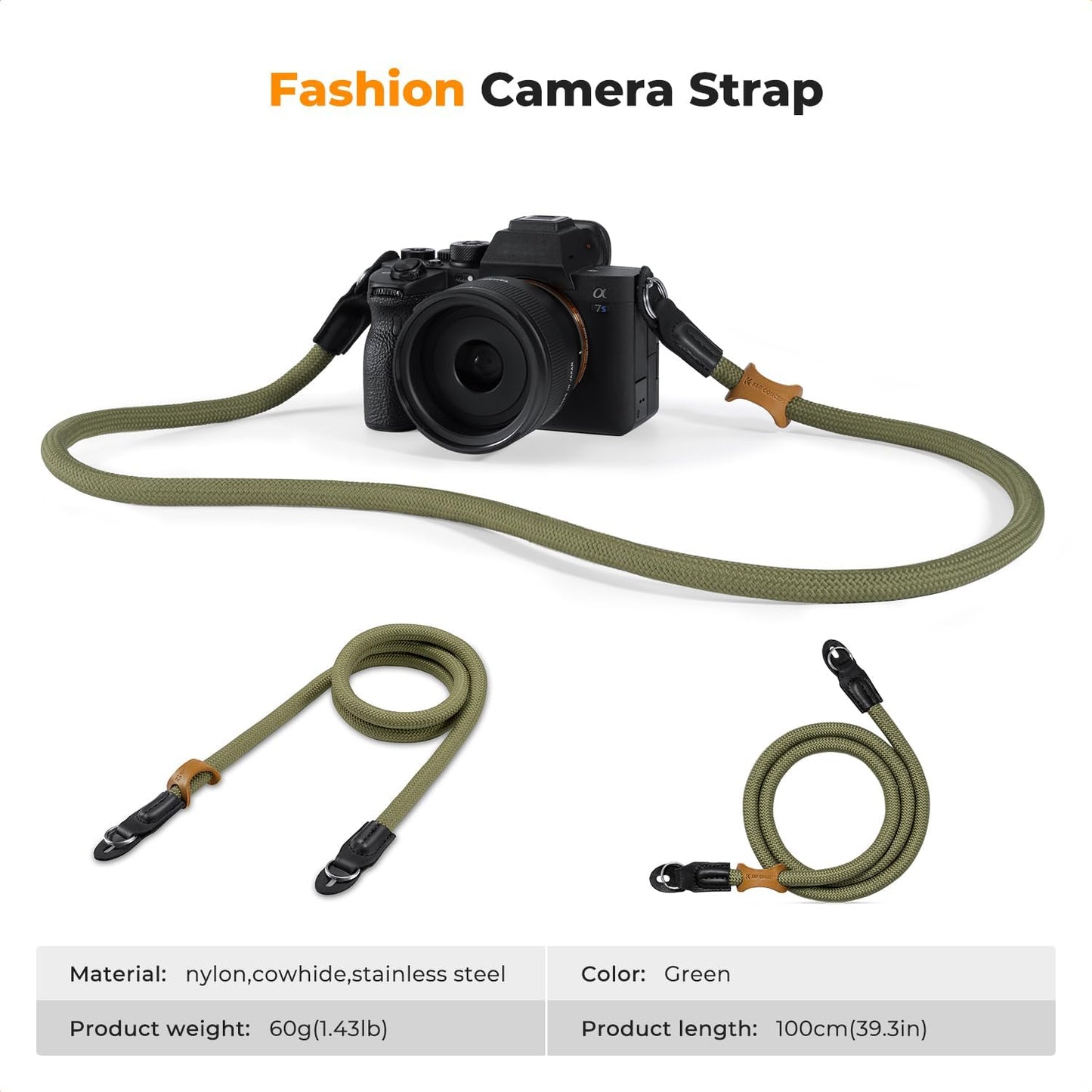 Strap,100cm K&F CONCEPT Camera Neck Nylon Rope Camera Shoulder Strap with O-ring for DSLR Camera-Green