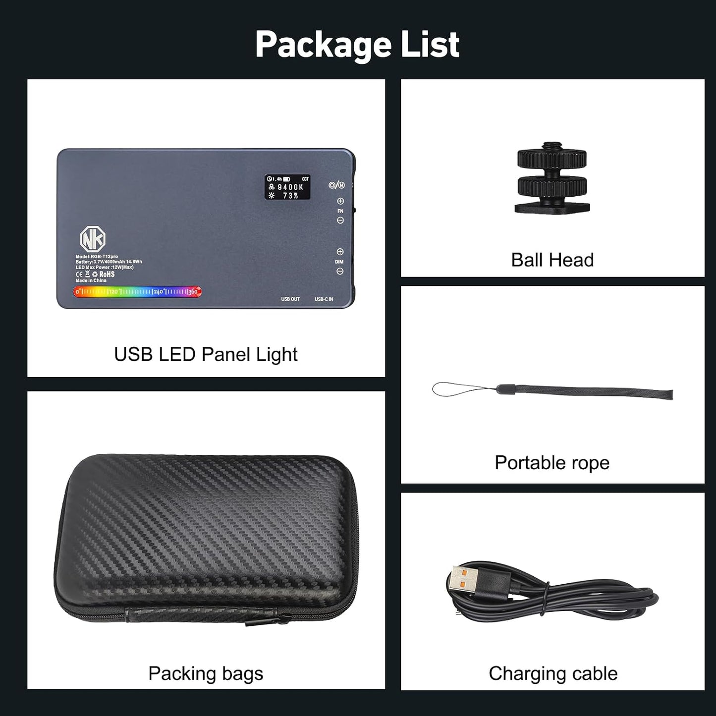 Nagnahz T12 Light,12W 2500-8000K, 4000mAh 21 96+, Pro RGB Video Portable LED Camera Light with Rechargeable Battery