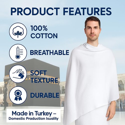 Ihram for Men – 2-Piece Hajj and Umrah Towel Set – 100% Natural Cotton – Soft, Non-Stitched 110x220 cm (43x86 in) – Ahram Ehram (Cotton with Belt)