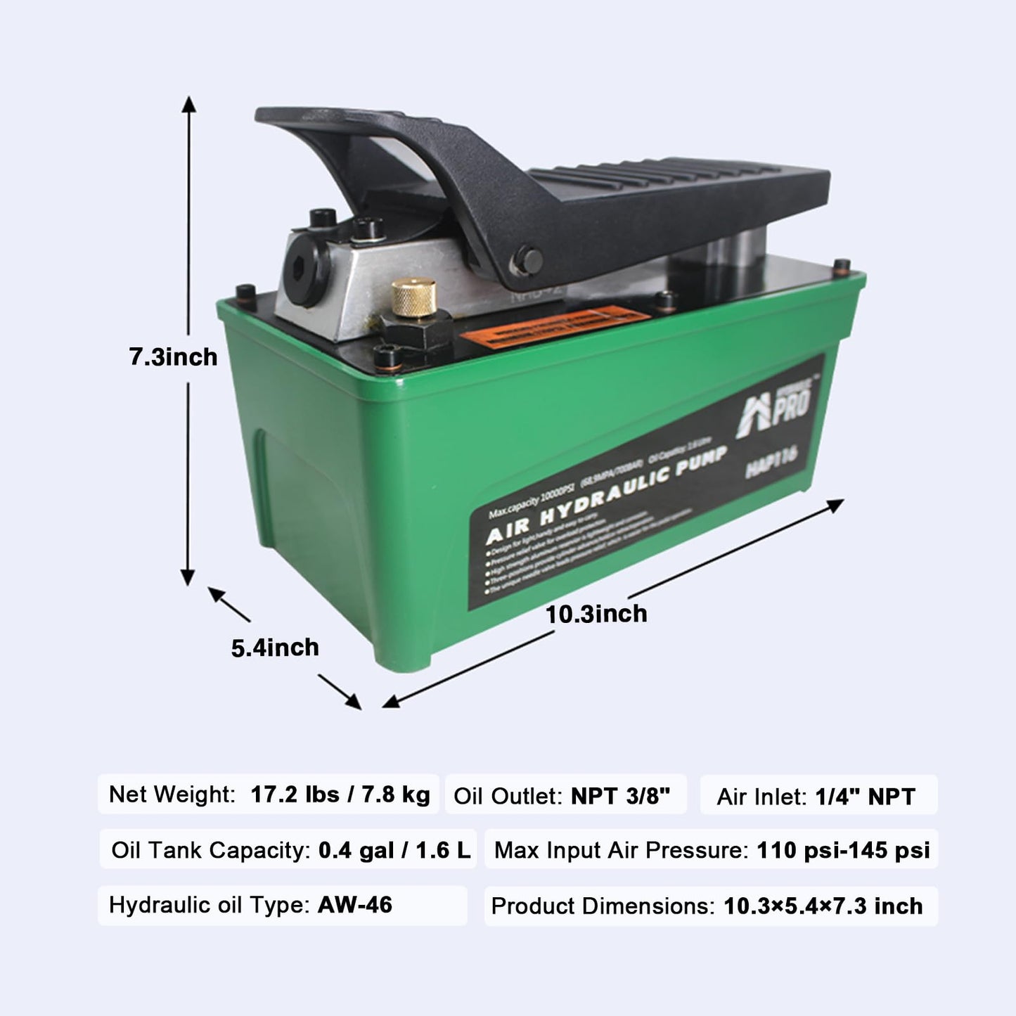 HYDRAULIC PRO 10,000 PSI Air Hydraulic Pump, 1.6L Reservoir, NPT 3/8" Oil Outlet, NPT 1/4" Inlet, Foot Pedal Operated, for Auto Body Frame Machines, Hydraulic Press, and Hole Punch, Green