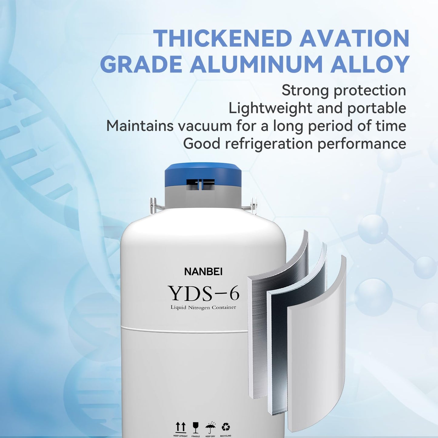 NANBEI 6L Liquid Nitrogen Tank Cryogenic Container Aluminum Alloy Liquid Nitrogen Dewar Static Cryogenic,Liquid nitrogen dewar with Straps,for Beauty Industry, Semen Preservation, Scientific
