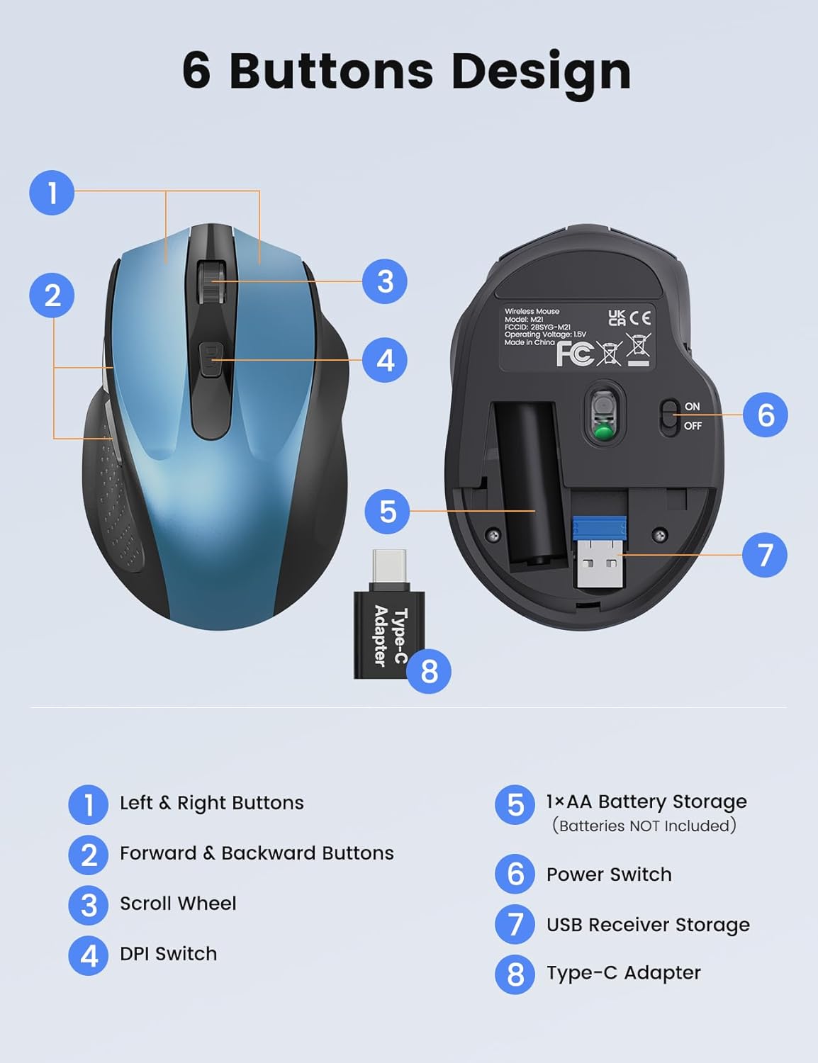 SABLUTE 6 3 M21 Wireless Mouse for Laptop, Blue Computer Mouse with USB-A&USB-C Receiver, Office Cordless Mice