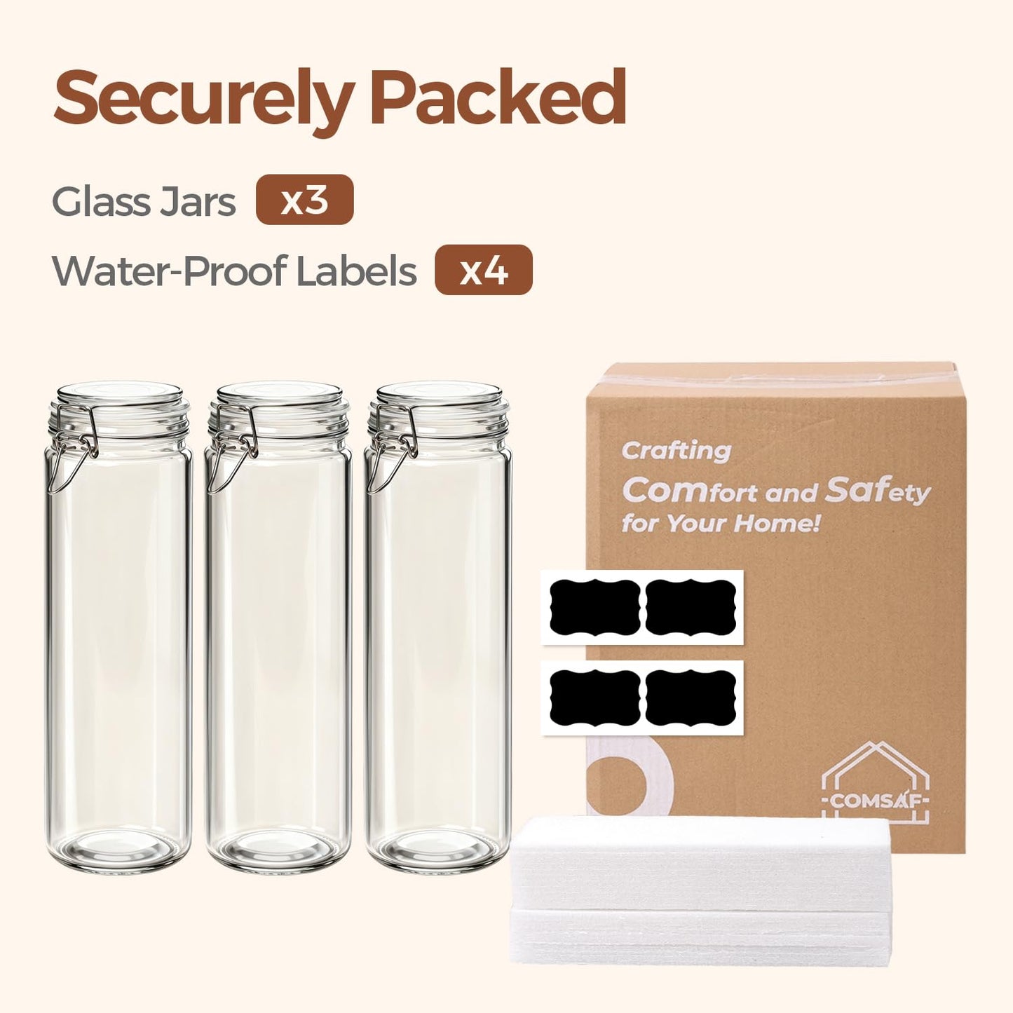 ComSaf 3-Pack 68oz 13-Inch Tall Glass Pasta Containers for Spaghetti & Long Pasta, Slender Airtight Canisters for Vertical Pantry Organization, Food Storage Jars for Linguine & Breadsticks