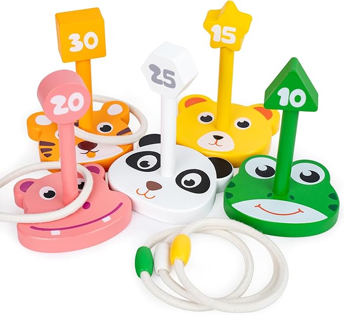Wooden Ring Toss Game Set, Animal Ring Toss Game Toys, Fun Indoor & Outdoor Yard Game for Kids Adults - Lawn and Backyard Game for Family Birthday Party Easter Festivals Summer Beach Fun Activities