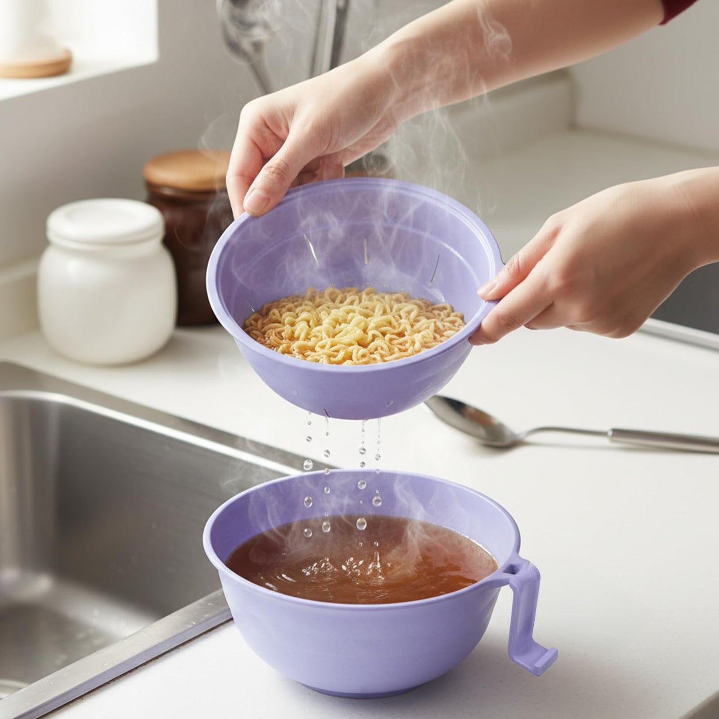 2 Sets Microwave Ramen Bowl & Noodle Cooker Bowl with Handles Strainer Spoon Chopstick Fork - Microwave Pasta Cooker, 40 oz BPA-Free Wheat Fiber Bowls for Instant Noodles, Dorm & Office Essentials