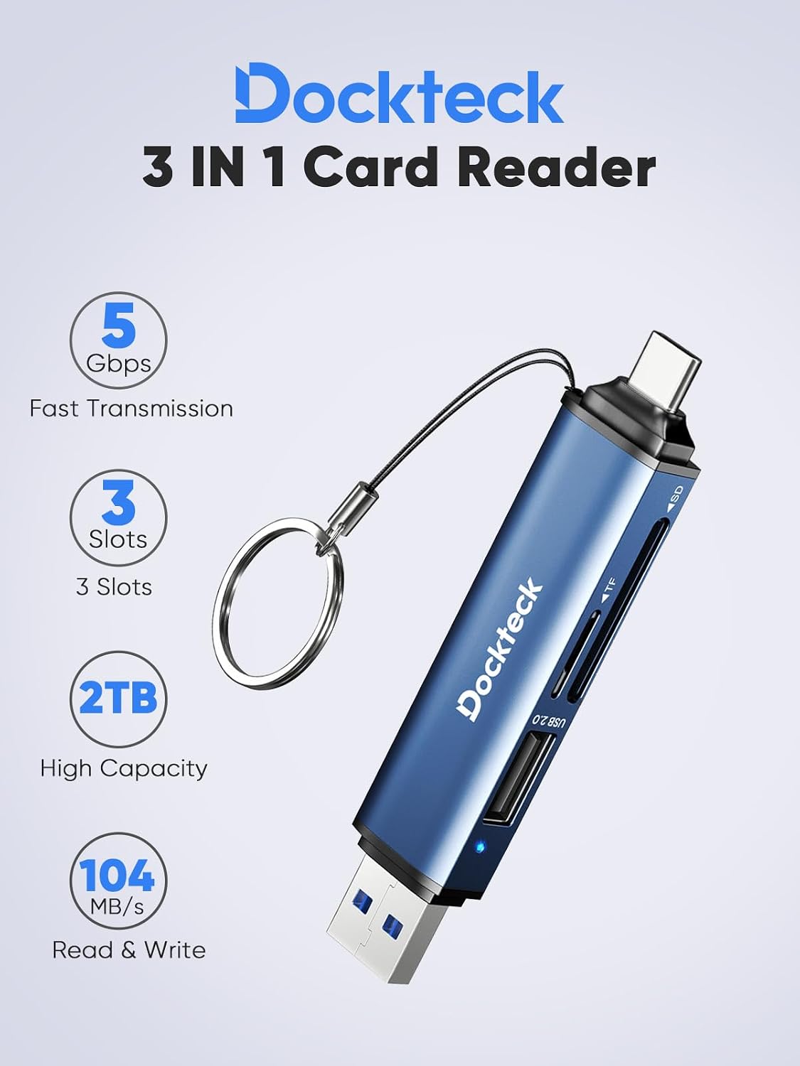 dockteck 5G USB3.0 3-Slot SD/SDHC/SDXC/MMC, SD Card Reader Adapter, Super Speed SD/TF Card Reader, USB A/C to SD/Micro