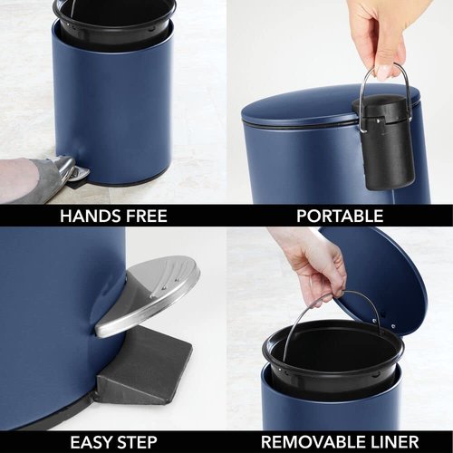 mDesign Metal 1.3 Gallon/5 Liter Round Step Trash Wastebasket, Garbage Container Bin with Lid for Bathroom, Powder Room, Bedroom, Kitchen, Craft Room, Office - Removable Liner Bucket - Navy Blue