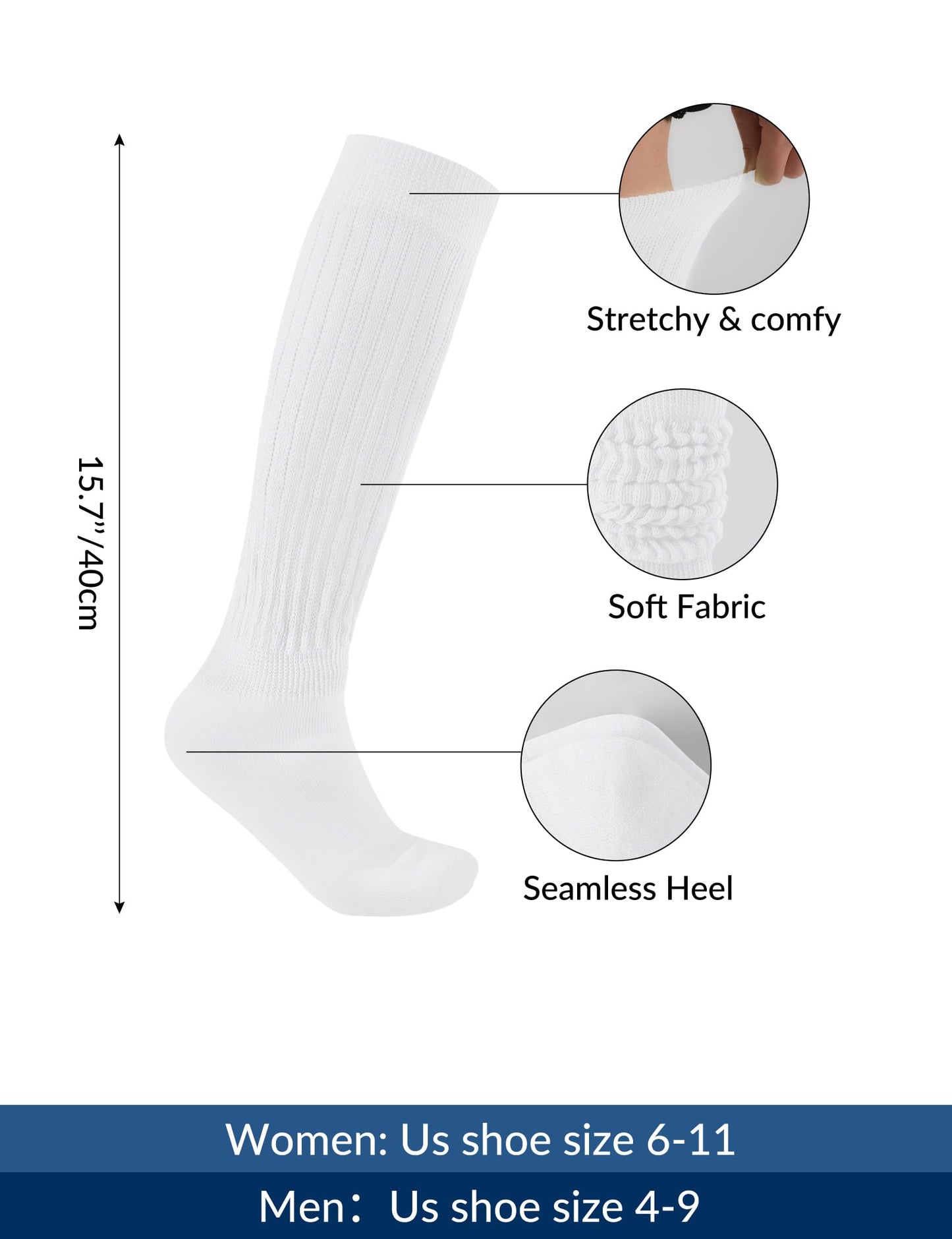 Witwot 3 Pairs Womens Slouch Socks Knee High Tube Scrunch Sock Size 6-11 White