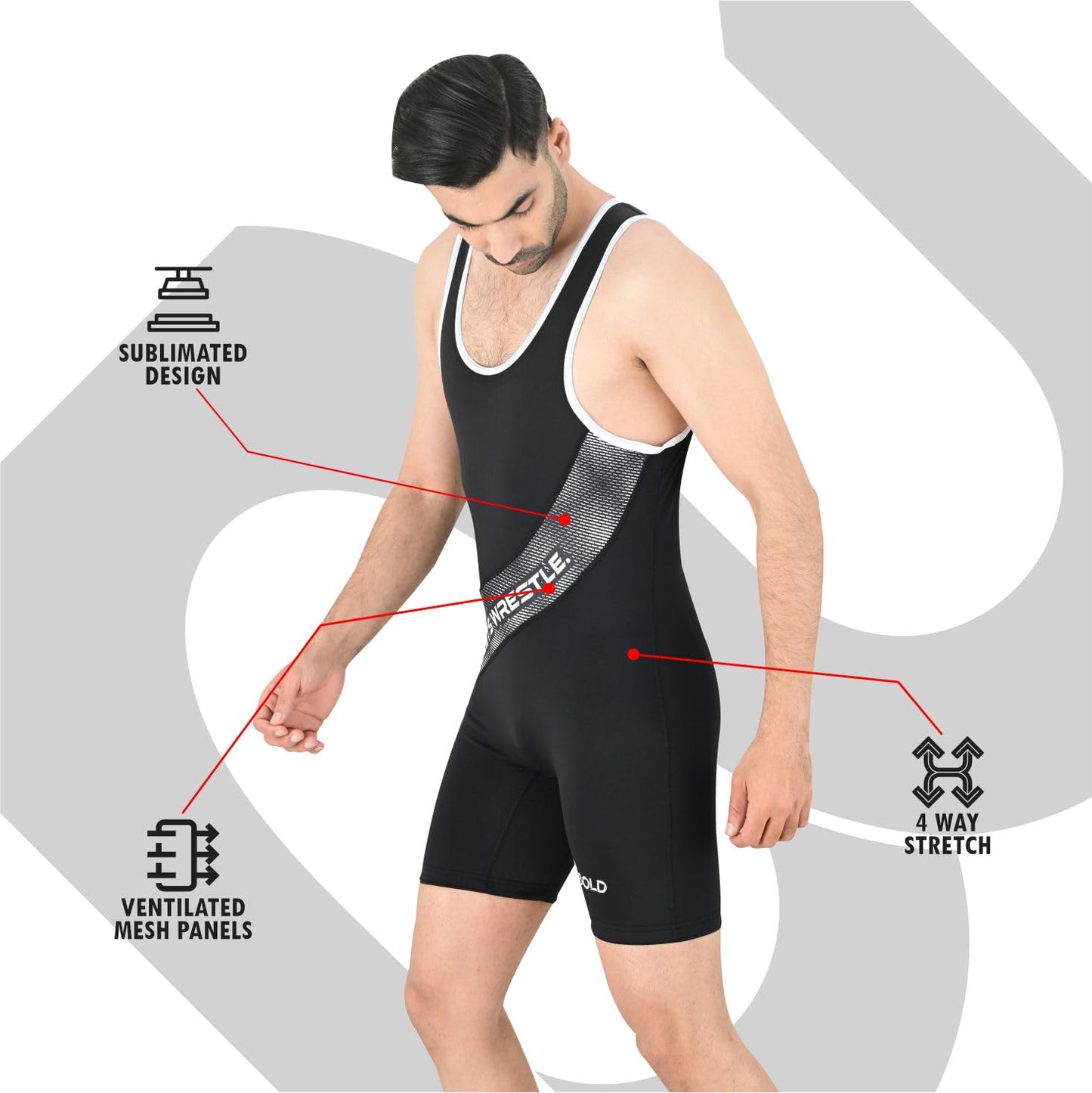 2BOLD Wrestling Singlets For Men (Black-White, Small, Sublimated)