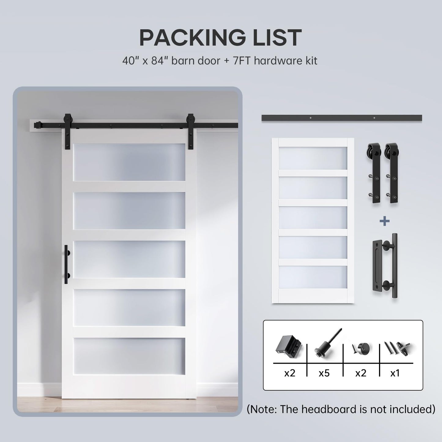 ROYMELO 40x84 Inch Glass Sliding Barn Door Slab and 7ft Hardware Kit Included, 5 Frosted Glass, LVL Wood Panel Covered with White Water-Proof Scratch-Proof PVC Surface, Simple DIY Assembly
