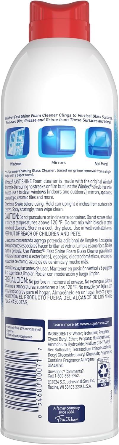 Windex Fast Shine Foam Glass Cleaner - Streak-Free Aerosol Spray for Windows & Mirrors | 19 oz (Pack of 2)