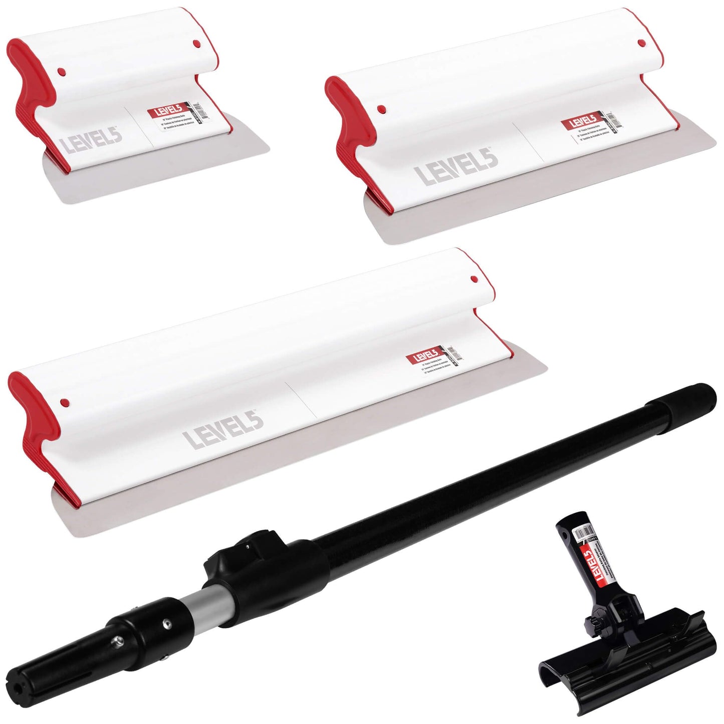 LEVEL5 Drywall Composite Skimming Blade Set | 10, 16 & 24 Inch Skimming Blades, 37-63 Inch Extension Handle | Composite Body & Stainless Steel Blade | for Smoothing Walls and Ceilings | 5-440C