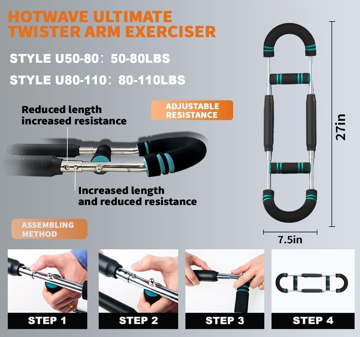 HOTWAVE Twister Arm Exerciser,Adjustable Spring Workout Bar, Forearm Triceps Chest Enhanced Exercise Strengthener,Portable Home Fitness Equipment