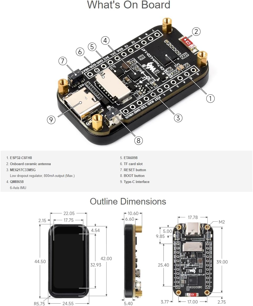 waveshare ESP32-C6 1.47inch 172320 262K 6(802.11 5 Capacitive Touch Display Development Board with pre-soldered Header