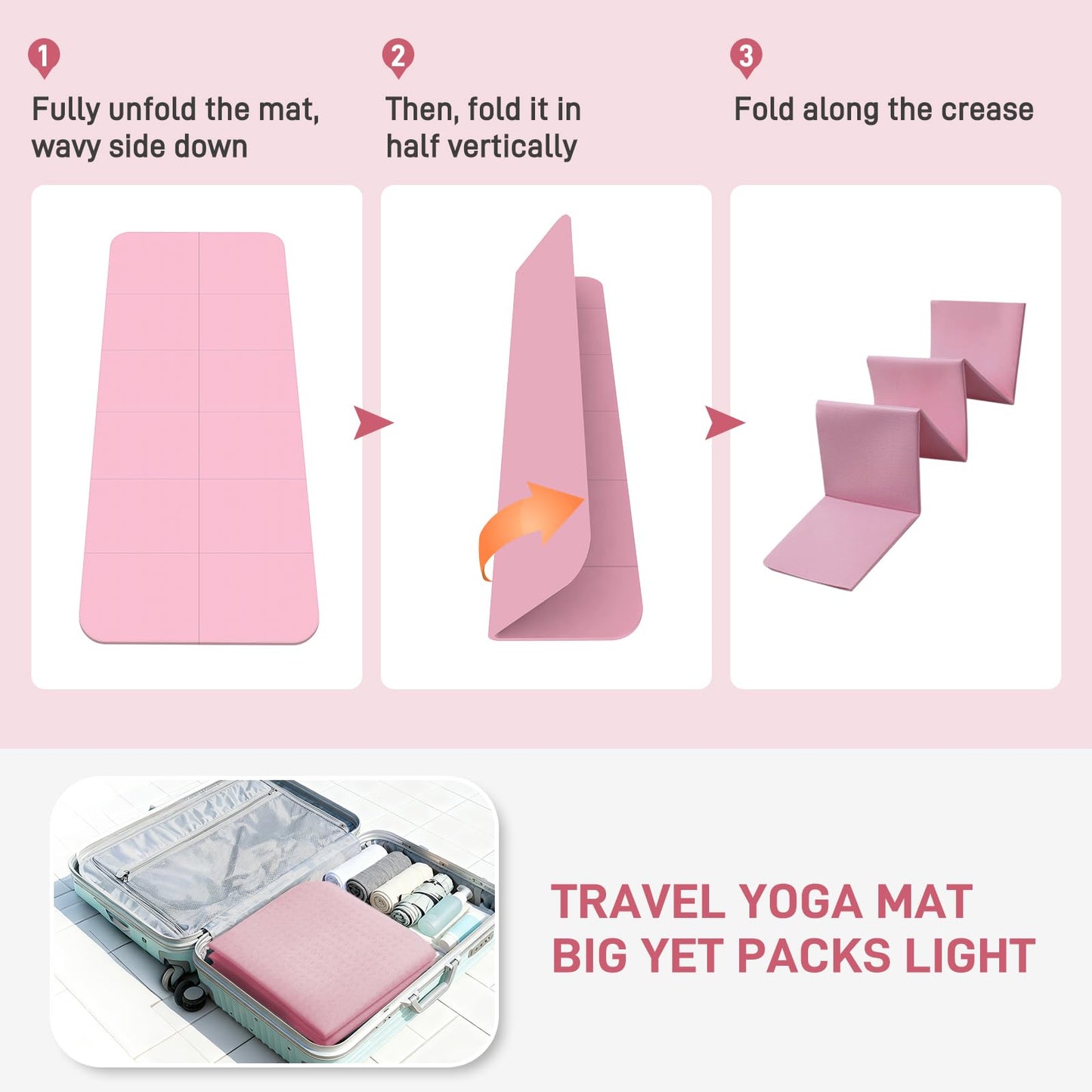 Kanonmaori Foldable Yoga Mat for Travel 72"x 32"x 0.32"Inch, 8mm Thick Folding Exercise Mat, Outdoor Non-slip Pilates Mat for Women & Men, Wide Yoga Mat Packable for Workout and Fitness(pink)