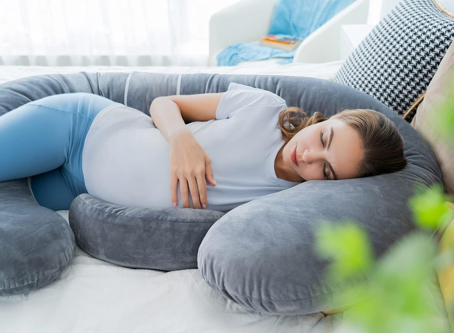 Queen Rose Pregnancy Pillow - E-Shaped Body Pillow for Side Sleepers, Detachable Grey Velvet Cover, 60in