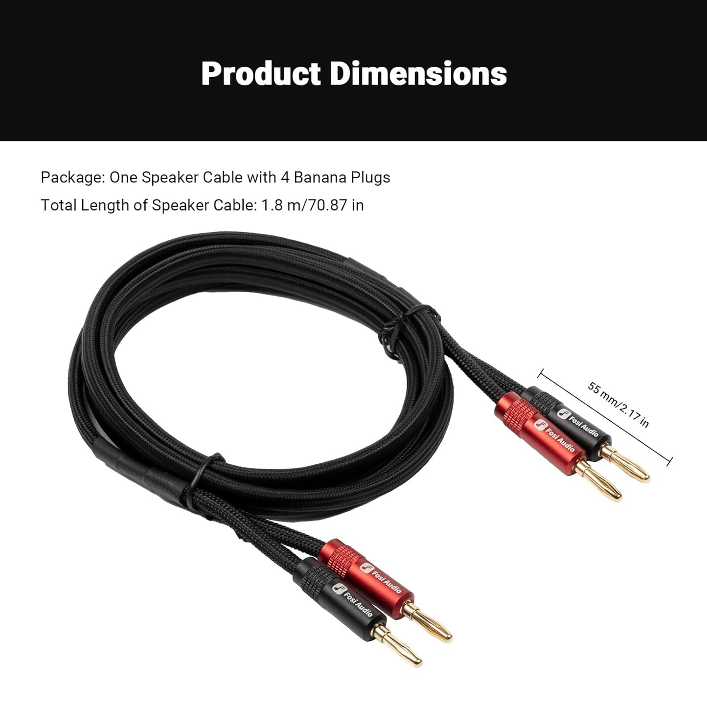14AWG 5.9Ft, 1 Pack 4 (1.8m/70.87in) Fosi Audio Braided Speaker Wire Pair Cable with Gold Plated Banana Plugs, Black