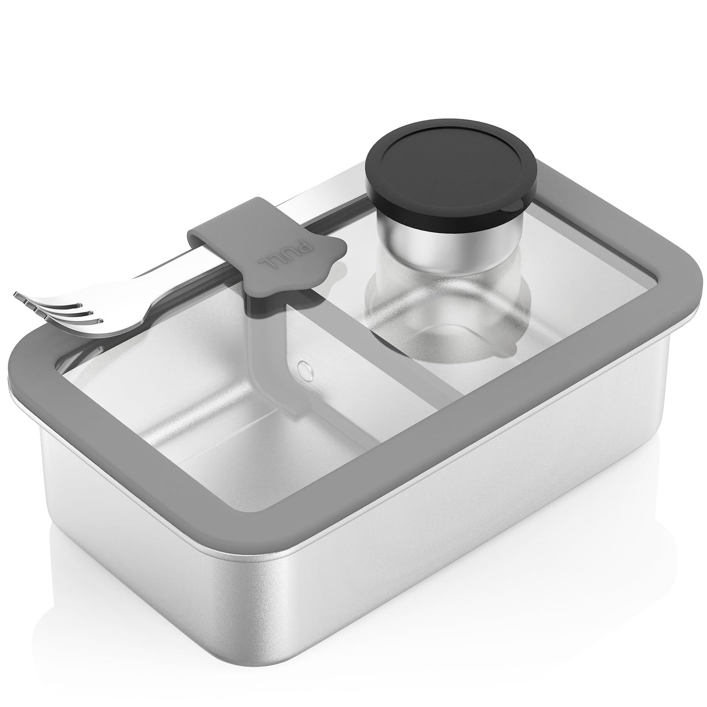 Bakpoco Stainless Steel Bento Box for Adult, 42oz Leak-Proof Metal Lunch Box Containers with Adjustable Divider, Microwave-Safe, Lunchbox with Glass Lid for Work Travel, Silver