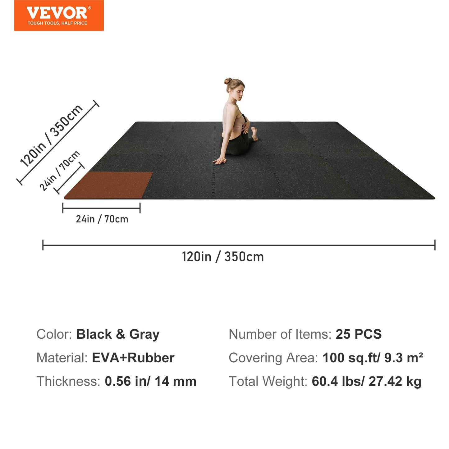 VEVOR 0.56Inch 100sq.ft Exercise Equipment Mats, 25 Tiles Upgraded Rubber Top with High Density EVA Foam, Interlocking Gym Flooring for Home Gym, 25 x 25In Gym Mats, Puzzle Workout Mats, Black & Gray