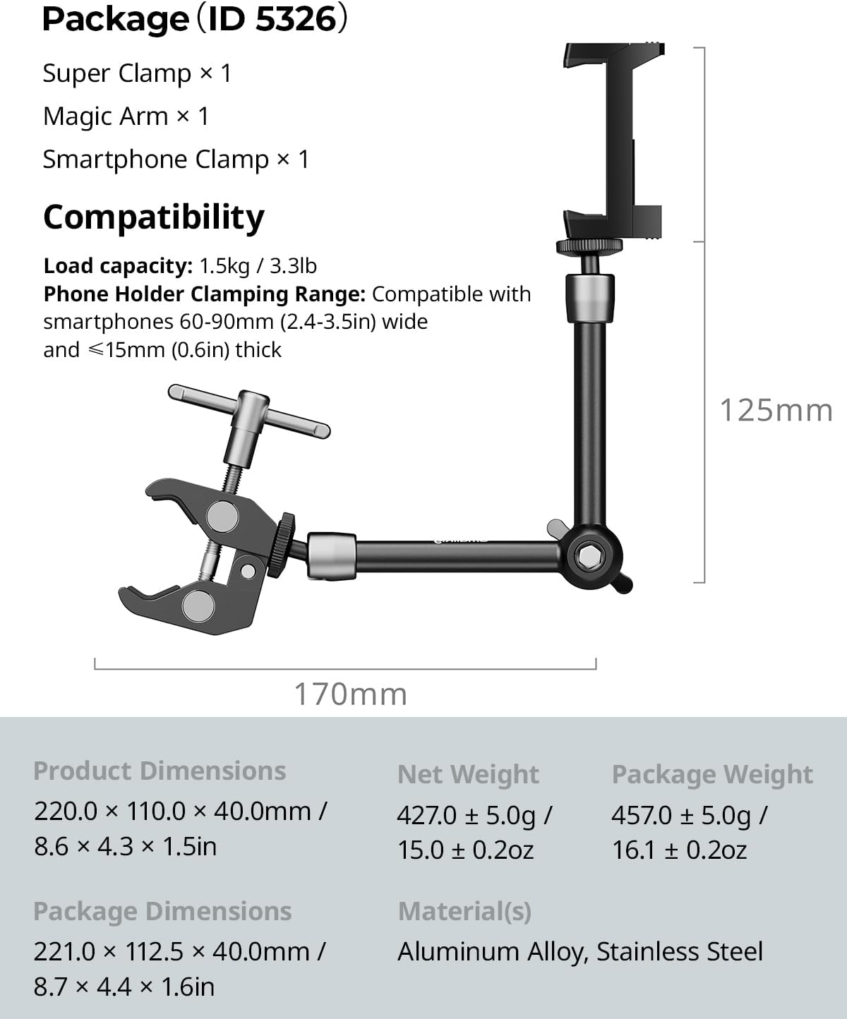 SMALLRIG 1/4" 3/8" 9.8 Inches 5326 Clamp w/ and Thread Holes, Adjustable Friction Power Articulating Magic Arm