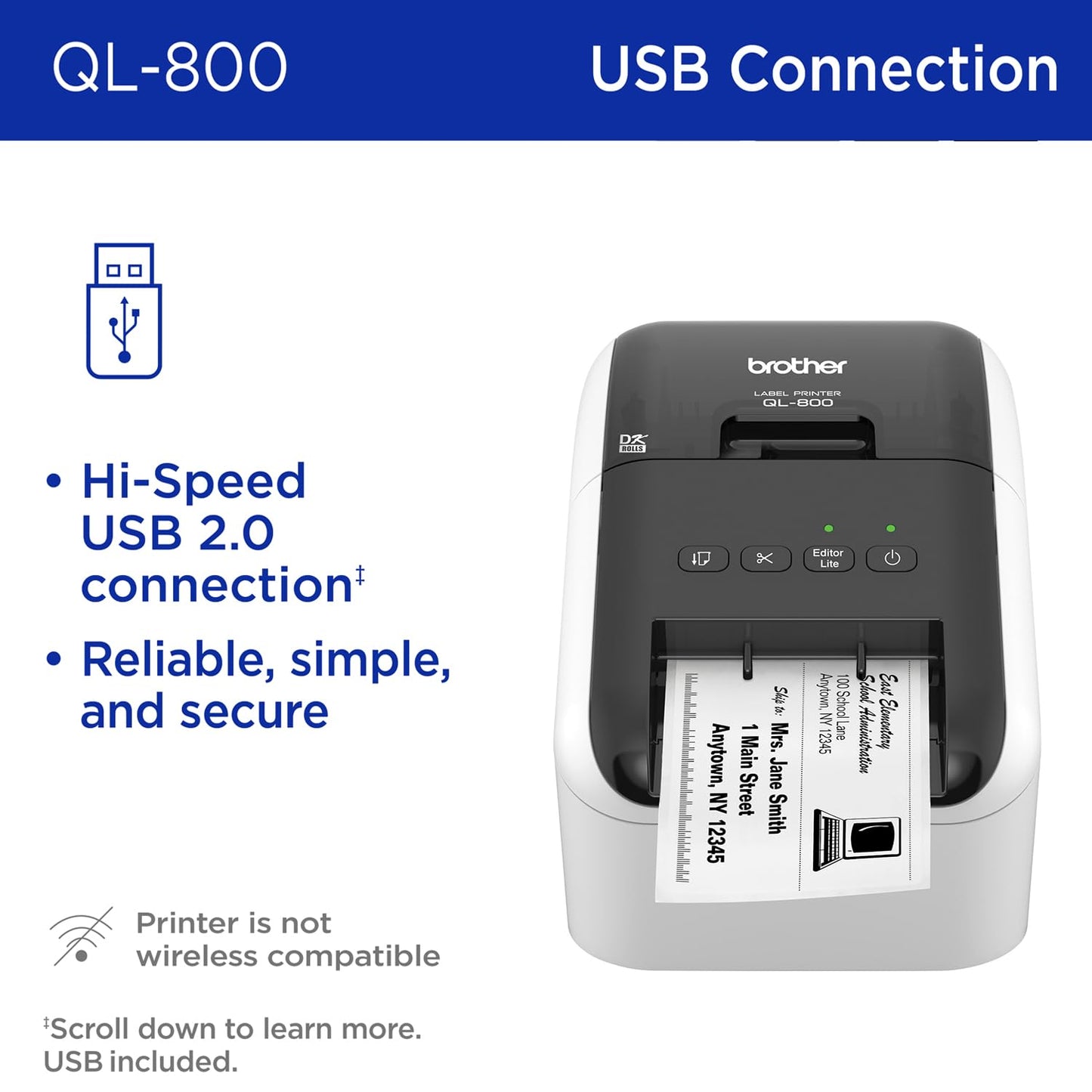 Brother QL-800 High-Speed Professional Printer, Plug & Label Feature, Genuine DK Pre-Sized, Multi-System Compatible – Black & Red Printing Available (Required USB Cable Included)