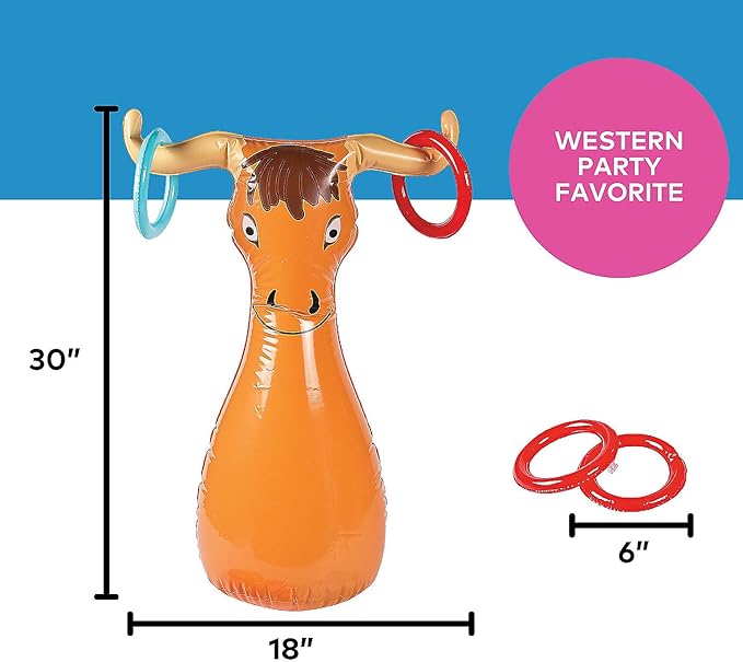 Fun Express Inflatable Bull Ring Toss Game - Premium Outdoor Games for Kids Ages 4-8 & Family | Western Carnival Party Games with 6 Rings - Backyard Lawn Games for Birthday Parties