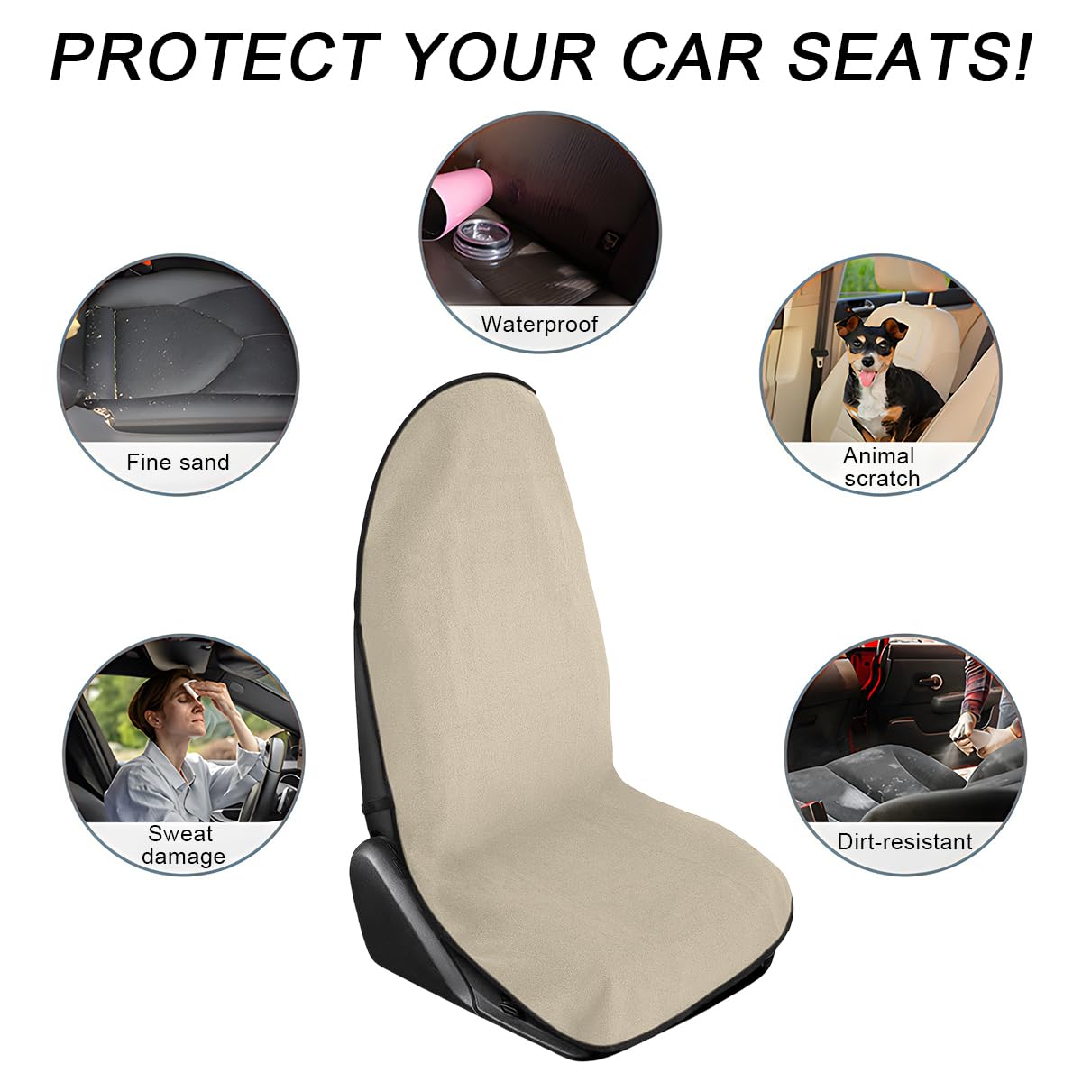DXNQ Waterproof Car Towel Seat Cover, Sweating Non-Slip Premium Towel Carseat Cover Protector, Universal Soft Machine Washable Car Truck SUV Front Seat Cover for Gym Workout Beach Hiking (Beige)