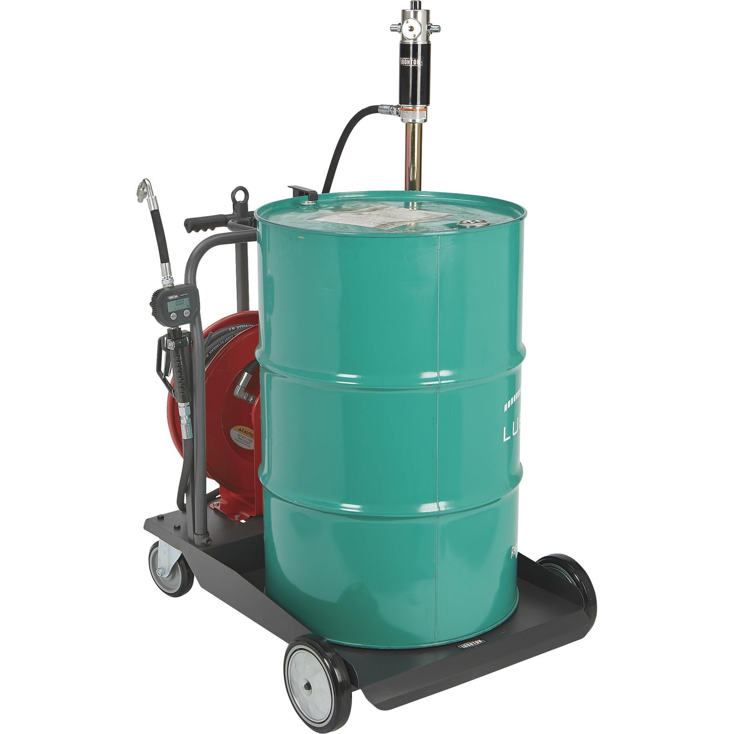 Ironton Mobile Oil Pump Kit, Air-Operated 5:1 Pneumatic Drum Pump with 3.7 GPM Flow, 50-Foot Retractable Hose Reel, Heavy-Duty Trolley Cart & Digital Control Valve Dispensing System