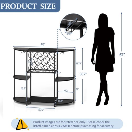 JKsmart Wine Bar Cabinet with LED Lights, Mini Wine Bar Cart with Storage and Glass Holder, Home Bar Coffee Bar for Liquor, 3-Tier Bar Table for Kitchen, Dining Room, Living Room, Black