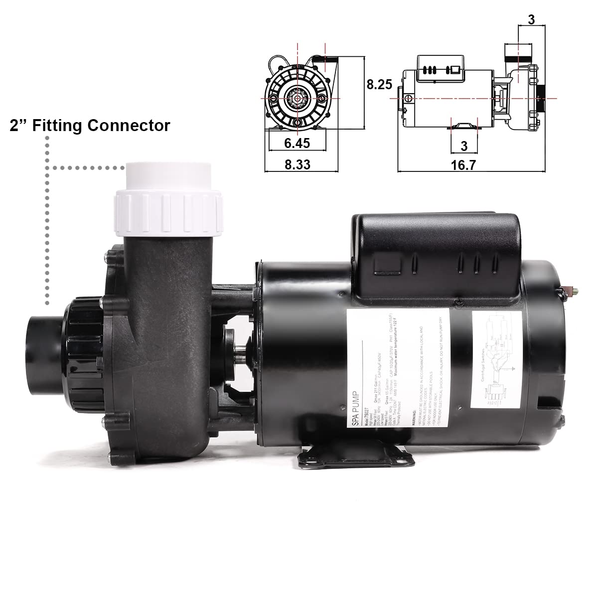 XtremepowerUS 2.0HP High Flow 230V Spa Hot Tub Pump 56 Frame Side Discharge Pump 2" Inlet Outlet Fitting Set Included Circulating Hot Tub 2-Speed