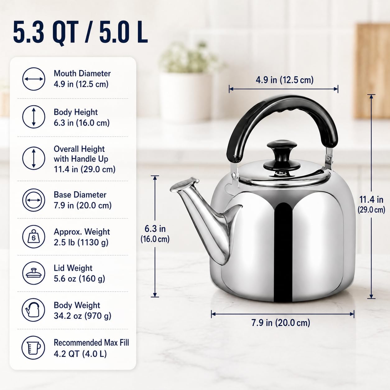 Whistling Stovetop Tea Kettle,Food Grade 316 Stainless Steel,Hot Water Fast to Boil,Stovetop Kettle with Ergonomic Handle,5.3 Quart Capacity