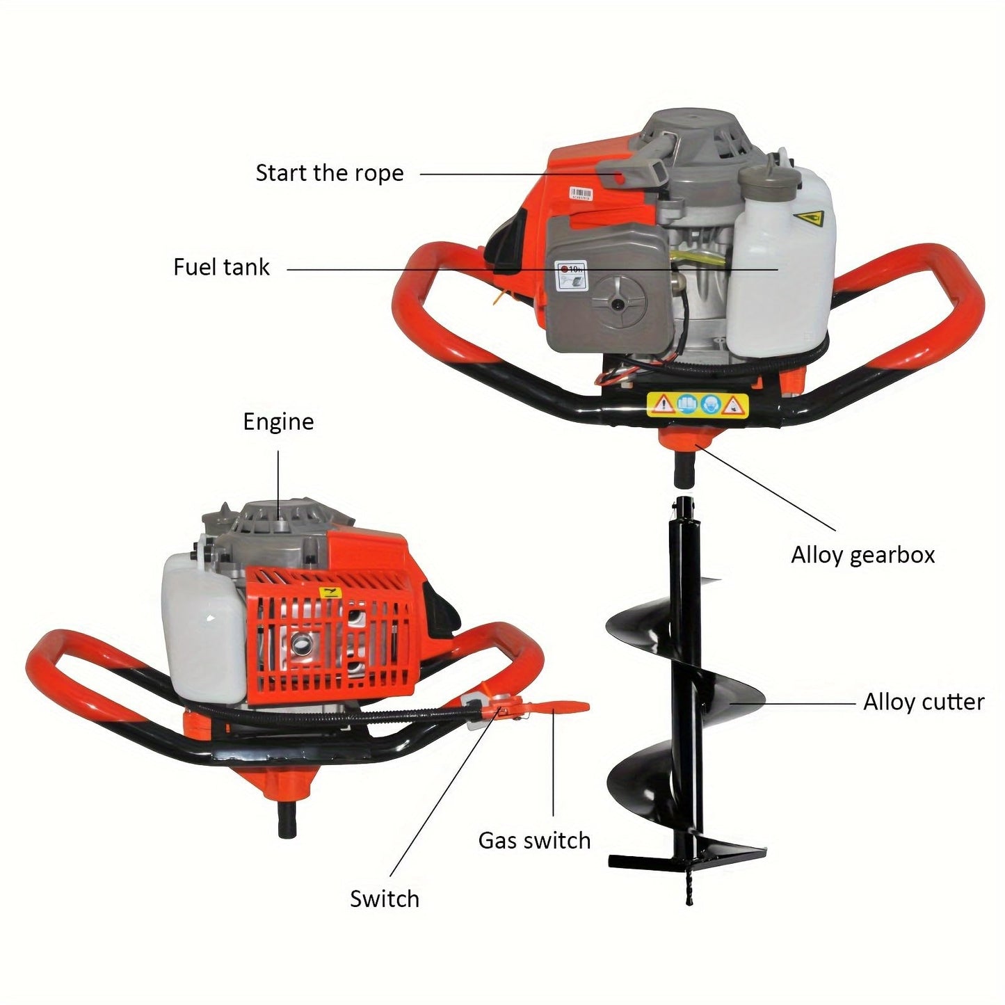 85cc Gas Powered Post Hole Digger, Gas Earth Auger/Ice Auger, with 4"/8"/12" Bits + Two 30-inch Extension Poles, 2-Stroke Gasoline Post Digger for Fence Garden Farm Plant