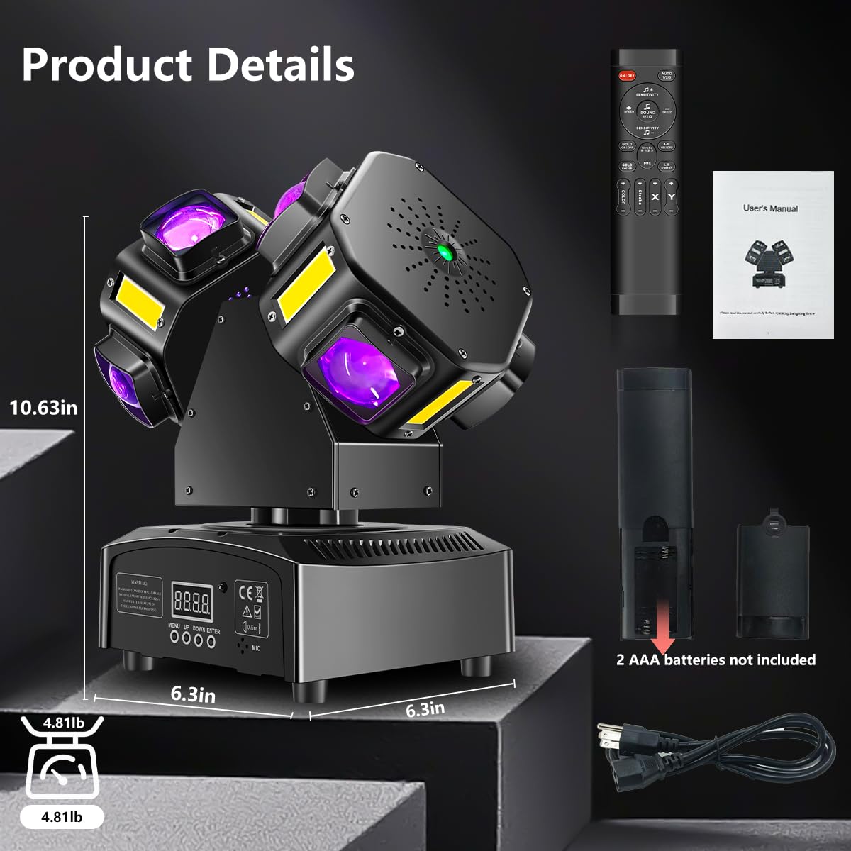 Double Head 4-in-1 RGB Moving Head DJ Light Dual Channel Independent Control RGB Beam Golden Strobe Effects Sound Activated DMX512 Stage Lights for DJ Bar Party Wedding Birthday Celebration