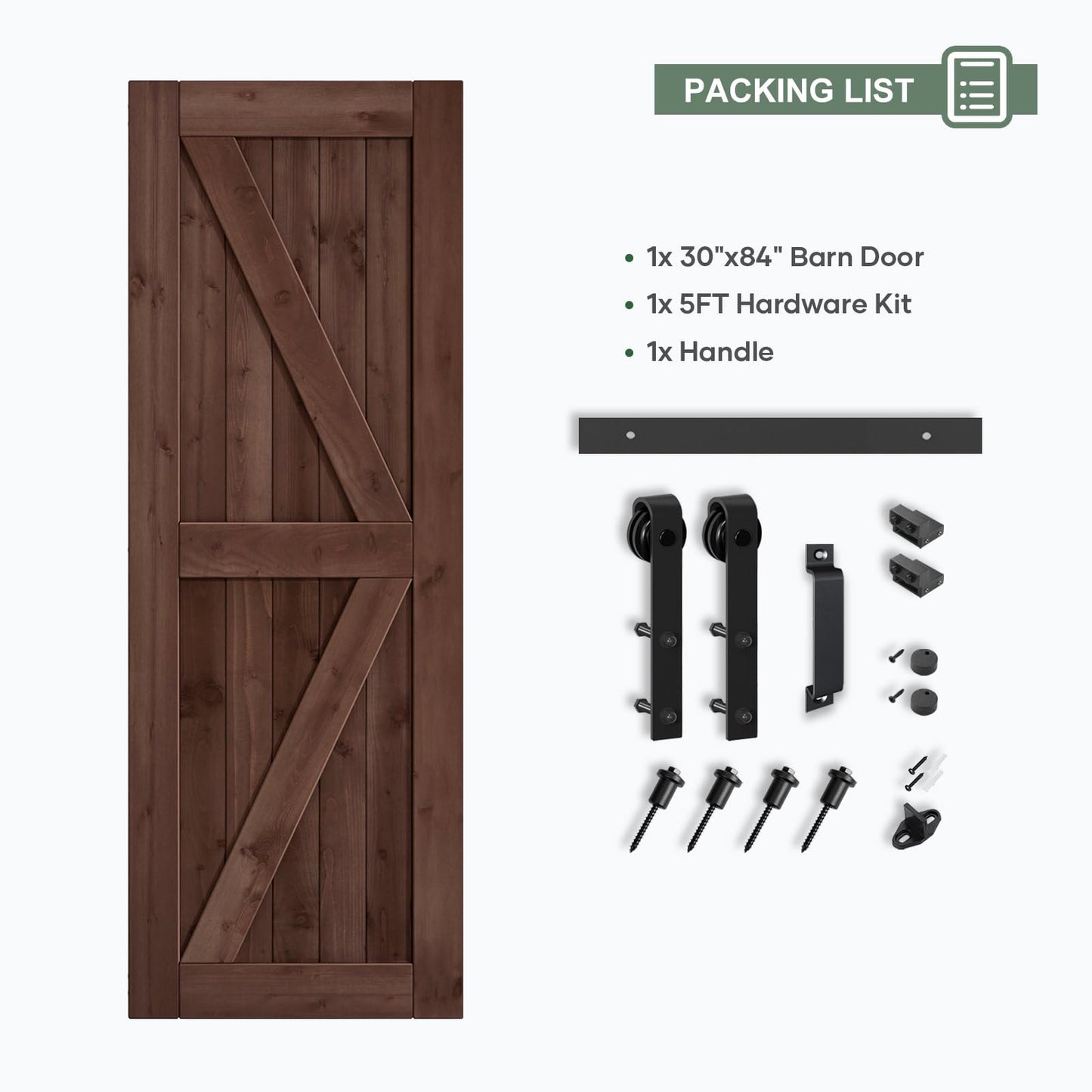 ROYMELO 30x84 inch Sliding Barn Wood Door Slab with 5ft Hardware Kit and Handle, Coffee, K Shape, Simple DIY Assembly