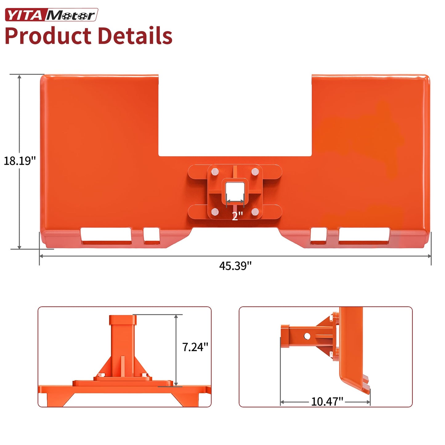 YITAMOTOR 3/8" Skid Steer Mount Plate with 2" Removable Trailer Hitch Receiver, Thick Skid Steer Plate Attachment, Universal Skid Loader Tractor Quick Attach Plate, Removable, Orange