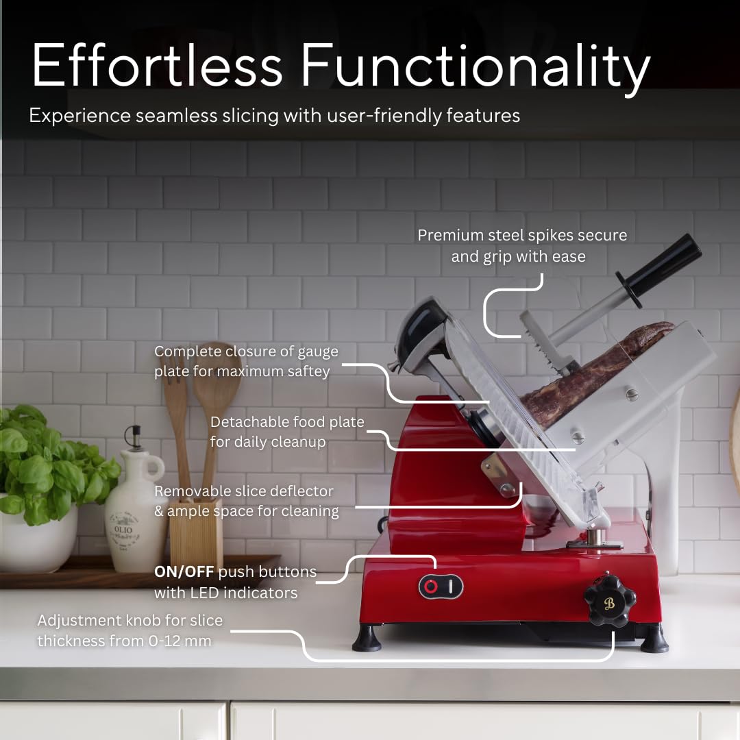 VBI Milano 1898 Red Line 250 Electric Food Slicer | 10" Blade | Perfect Cuts & Reduced Waste | Built-In Sharpener | Premium Kitchen Appliance | Italian Heritage Since 1898 (Red)